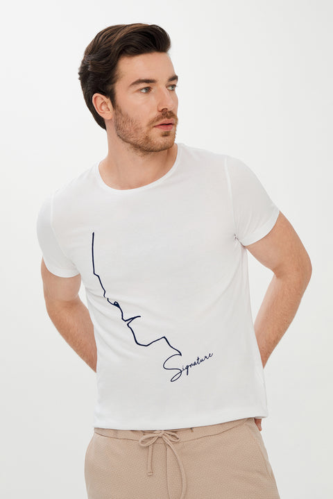 White Crew Neck Super Slim Fit Extra Narrow Cut Printed T-Shirt