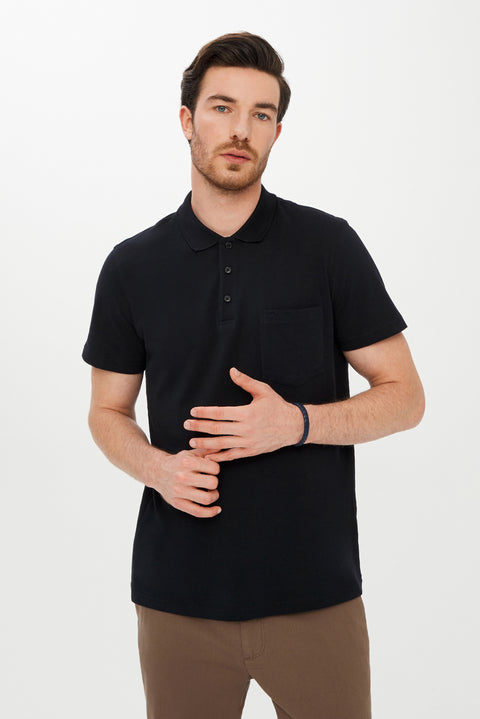 Black Pocketed Polo Collar Regular Fit Cotton T-Shirt