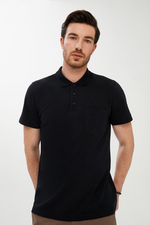 Black Pocketed Polo Collar Regular Fit Cotton T-Shirt