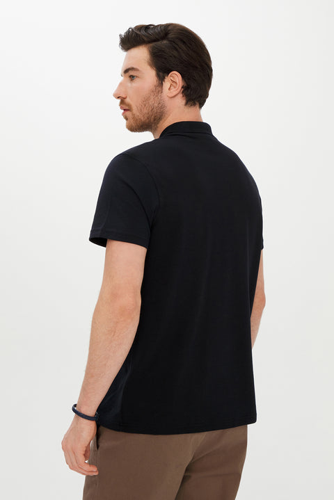 Black Pocketed Polo Collar Regular Fit Cotton T-Shirt