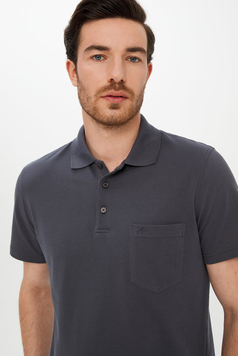 Medium Grey Plain Polo Collar Piqué Pocket T-Shirt