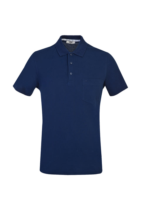 Medium Navy Pocketed Polo Collar Regular Fit Cotton T-Shirt