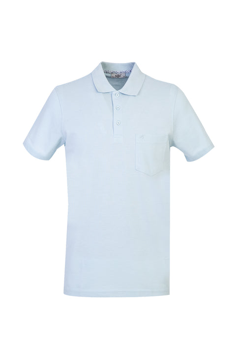 Light Blue Pocketed Polo Collar Regular Fit Cotton T-Shirt