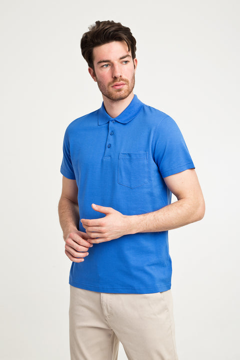 Cobalt Blue Pocketed Polo Collar Regular Fit Cotton T-Shirt