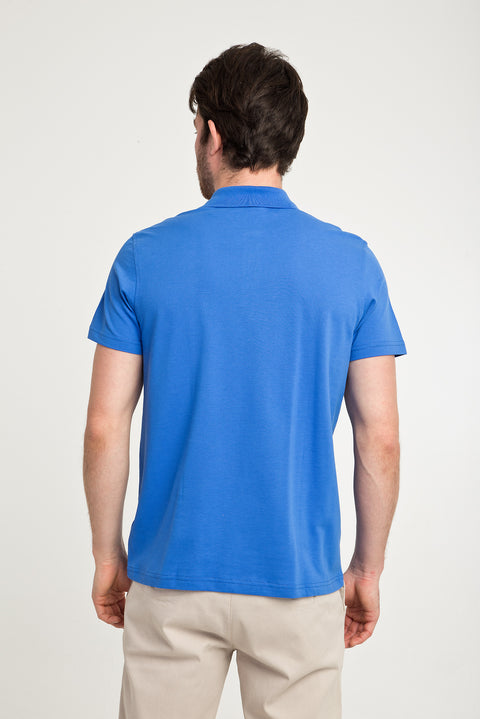 Cobalt Blue Pocketed Polo Collar Regular Fit Cotton T-Shirt
