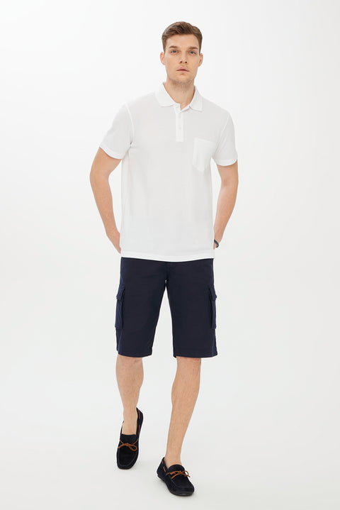 White Pocketed Polo Collar Regular Fit Cotton T-Shirt