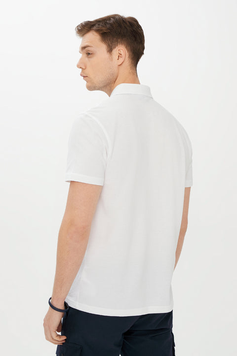 White Pocketed Polo Collar Regular Fit Cotton T-Shirt