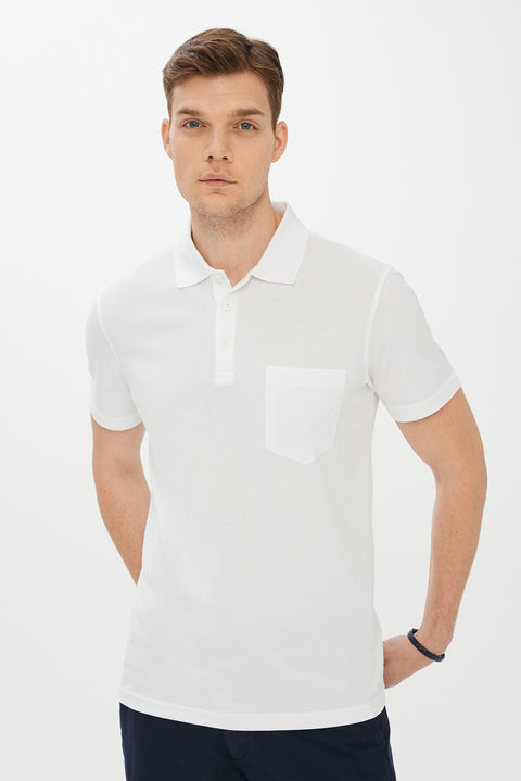 White Pocketed Polo Collar Regular Fit Cotton T-Shirt