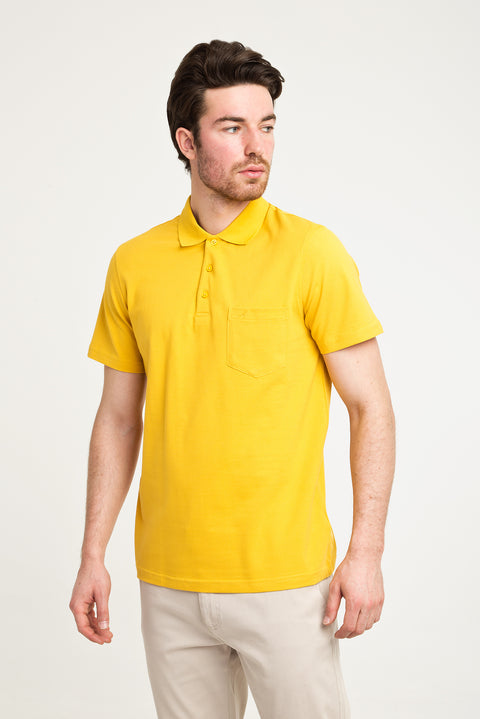 Dark Yellow Pocketed Polo Collar Regular Fit Cotton T-Shirt