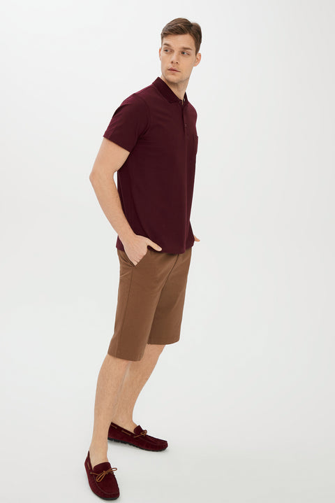 Dark Burgundy Pocketed Polo Collar Regular Fit Cotton T-Shirt