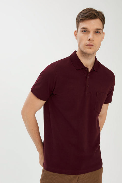 Dark Burgundy Pocketed Polo Collar Regular Fit Cotton T-Shirt