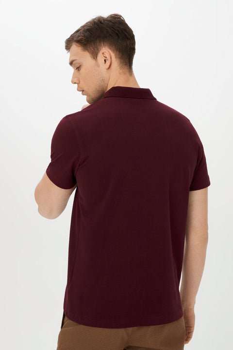 Dark Burgundy Pocketed Polo Collar Regular Fit Cotton T-Shirt