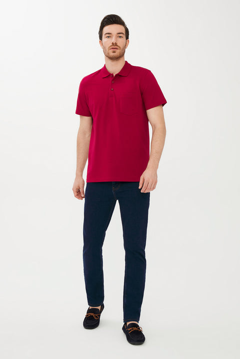 Red Pocket Polo Collar Regular Fit Cotton T-shirt