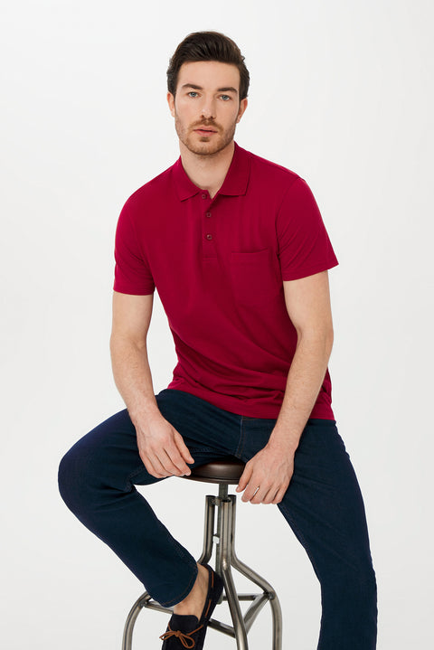 Red Pocket Polo Collar Regular Fit Cotton T-shirt
