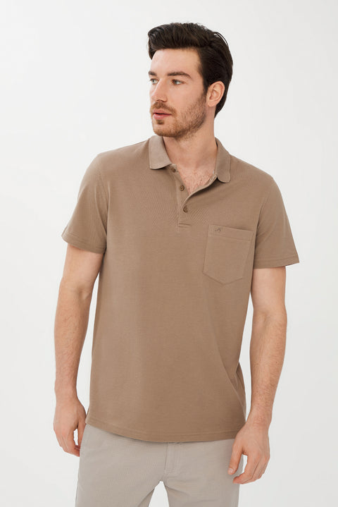 Dark Mink Pocketed Polo Collar Regular Fit Cotton T-Shirt