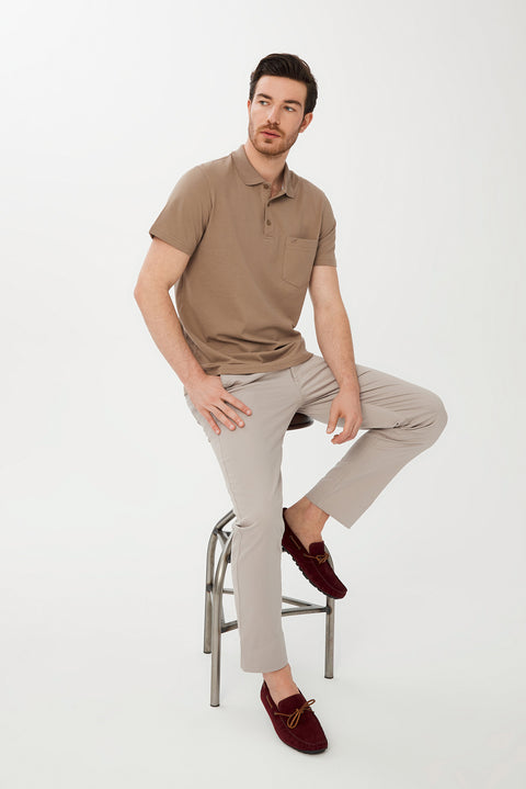 Dark Mink Pocketed Polo Collar Regular Fit Cotton T-Shirt