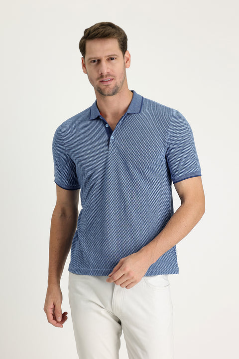 Light Blue Polo Collar Regular Fit Patterned T-shirt