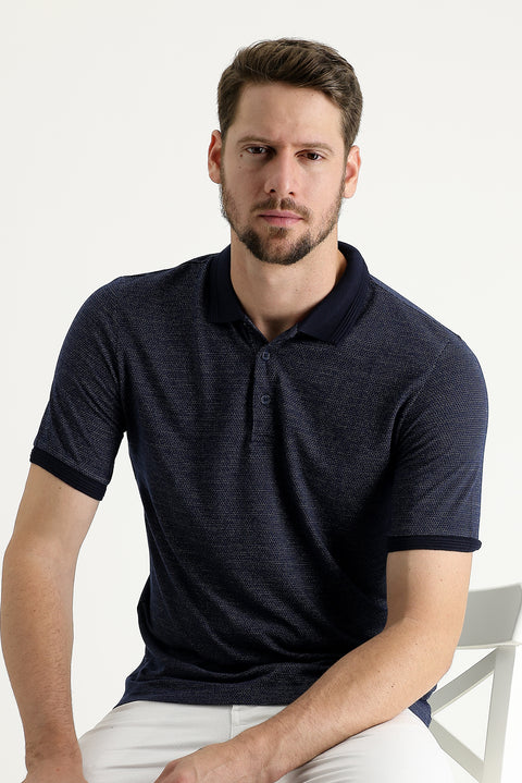 Medium Navy Polo Collar Regular Fit Patterned T-shirt