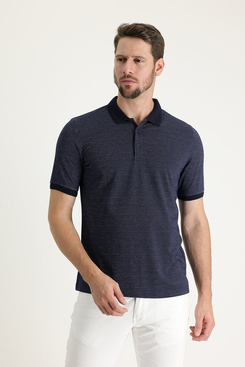 Medium Navy Polo Collar Regular Fit Patterned T-shirt