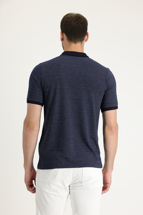Medium Navy Polo Collar Regular Fit Patterned T-shirt