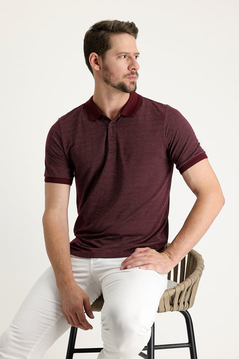 Cherry Red Polo Collar Regular Fit Patterned T-shirt