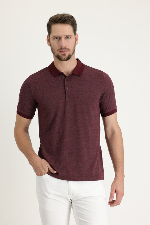 Cherry Red Polo Collar Regular Fit Patterned T-shirt