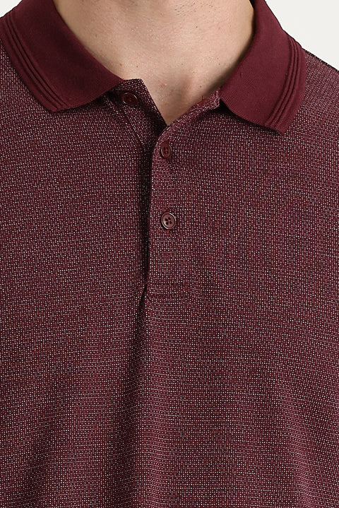 Cherry Red Polo Collar Regular Fit Patterned T-shirt