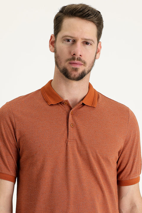 Tile-colored Polo Collar Regular Fit Patterned T-shirt