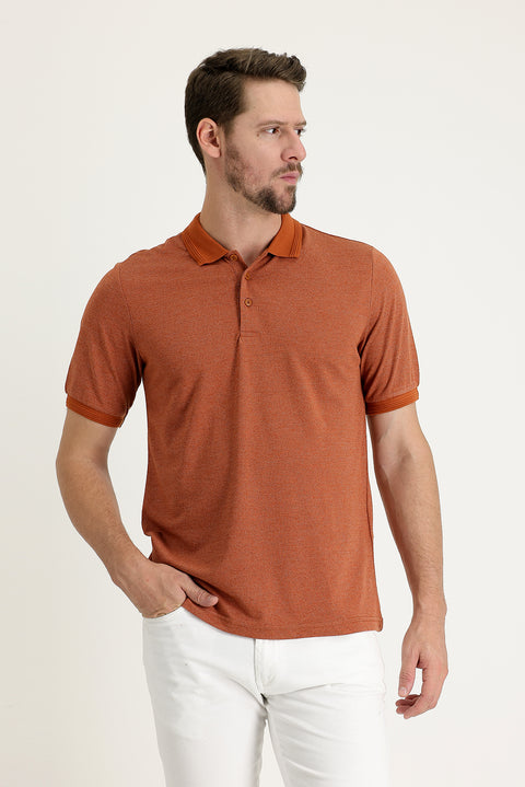 Tile-colored Polo Collar Regular Fit Patterned T-shirt