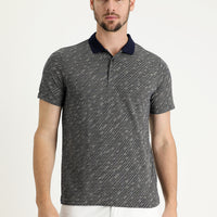 Medium Navy Polo Collar Regular Fit Patterned T-shirt