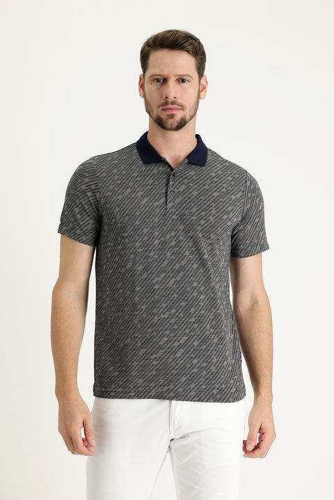 Medium Navy Polo Collar Regular Fit Patterned T-shirt