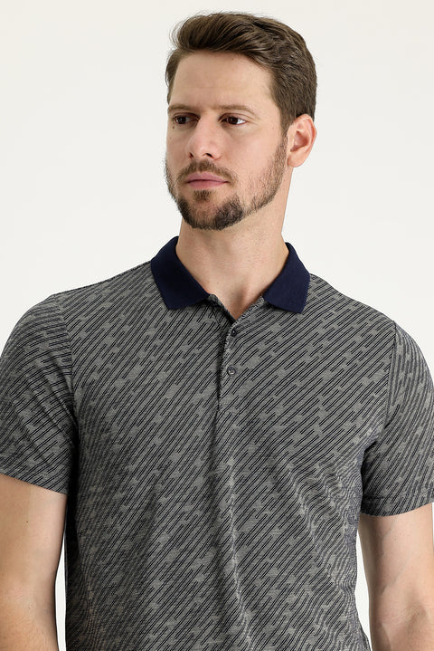 Medium Navy Polo Collar Regular Fit Patterned T-shirt