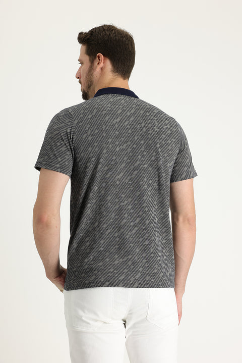 Medium Navy Polo Collar Regular Fit Patterned T-shirt