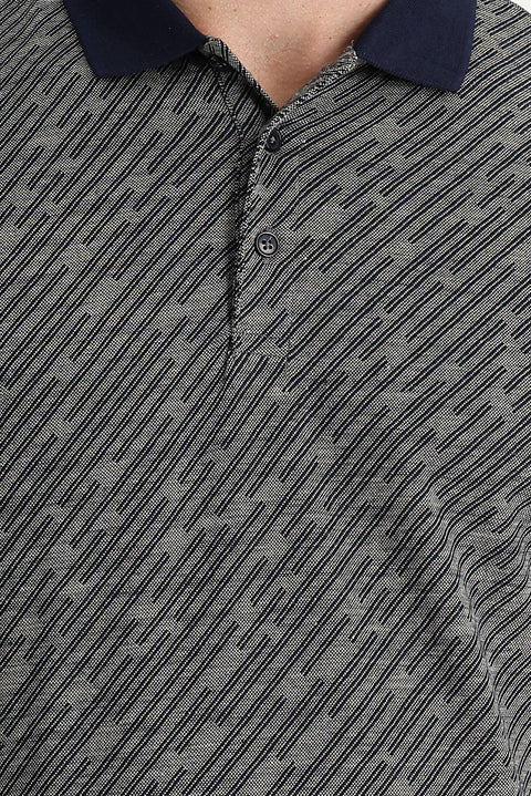 Medium Navy Polo Collar Regular Fit Patterned T-shirt