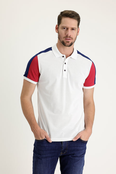 White Polo Collar Regular Fit Patterned Cotton T-shirt