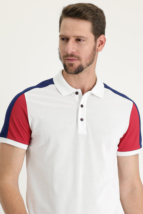 White Polo Collar Regular Fit Patterned Cotton T-shirt
