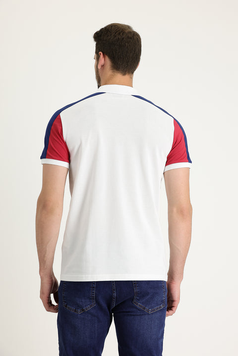 White Polo Collar Regular Fit Patterned Cotton T-shirt