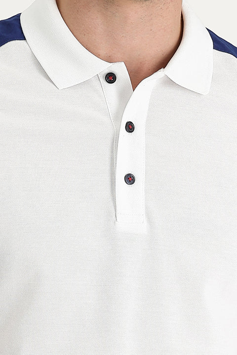 White Polo Collar Regular Fit Patterned Cotton T-shirt