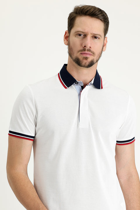 White Polo Collar Regular Fit Patterned Cotton T-shirt