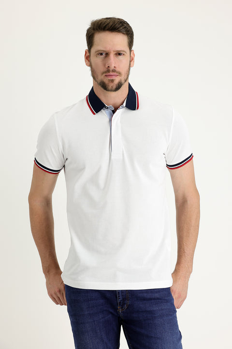 White Polo Collar Regular Fit Patterned Cotton T-shirt