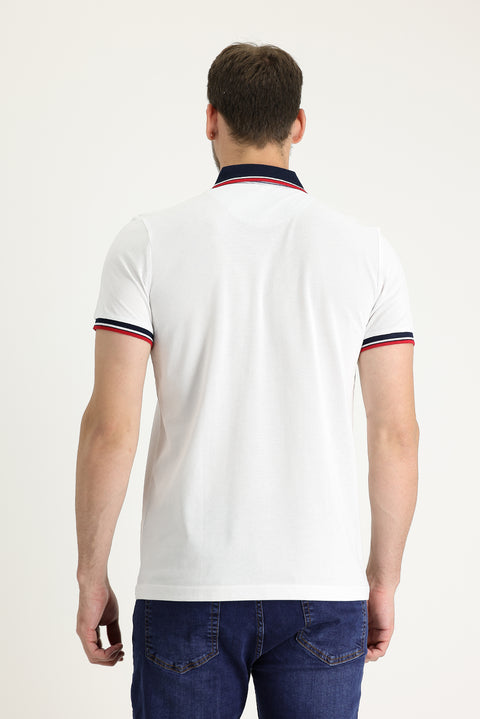 White Polo Collar Regular Fit Patterned Cotton T-shirt