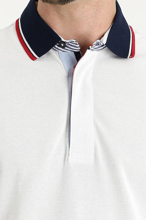 White Polo Collar Regular Fit Patterned Cotton T-shirt