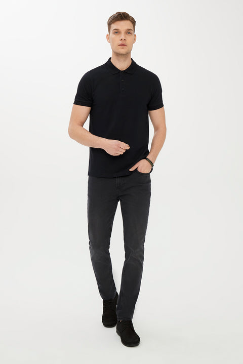 Black Polo Collar Slim Fit Narrow Cut Cotton T-shirt