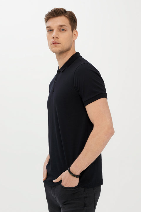 Black Polo Collar Slim Fit Narrow Cut Cotton T-shirt