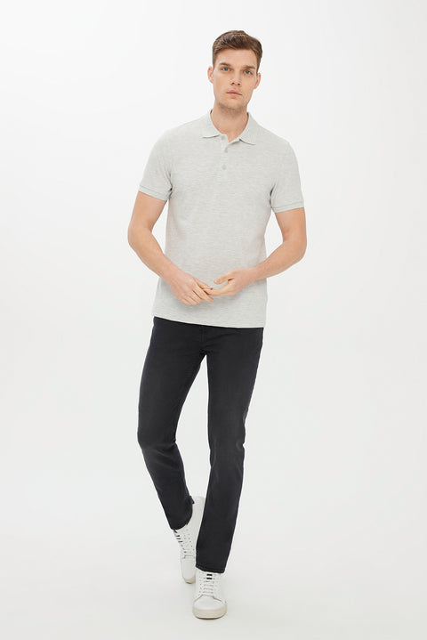 Light Grey Melange Polo Collar Slim Fit Narrow Cut Cotton T-Shirt