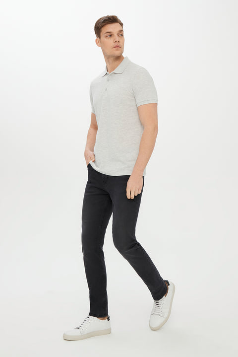 Light Grey Melange Polo Collar Slim Fit Narrow Cut Cotton T-Shirt