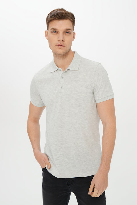 Light Grey Melange Polo Collar Slim Fit Narrow Cut Cotton T-Shirt