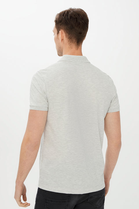 Light Grey Melange Polo Collar Slim Fit Narrow Cut Cotton T-Shirt