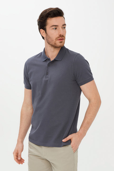 Medium Grey Polo Collar Slim Fit Cotton T-Shirt