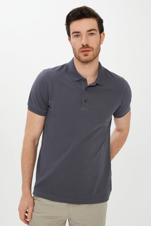 Medium Grey Polo Collar Slim Fit Cotton T-Shirt